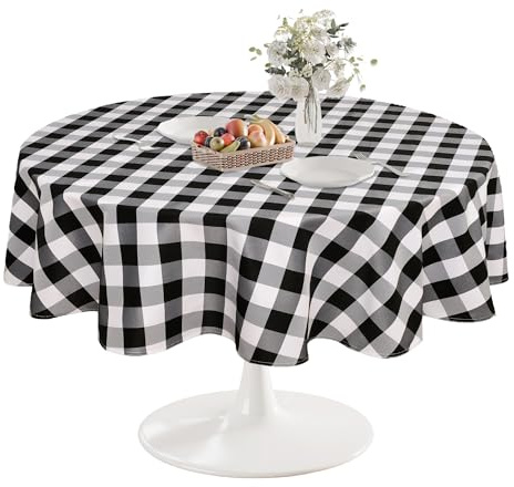 DWCN Karierte Tischdecke Rund 140cm Tischdecke Outdoor Abwaschbar Wetterfest Fleckschutz Wasserdicht für Draußen Picknick Esszimmer Garten Party Hochzeiten, Schwarz und Weiß
