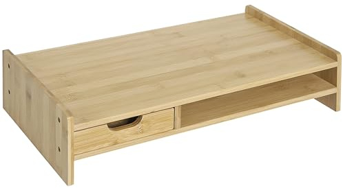 HOMCOM Rehausseur écran PC bureau rehausseur ecran support moniteur, ordinateur portable, TV avec tiroir et niche en bambou, 49 x 25,5 x 11,5 cm bois naturel