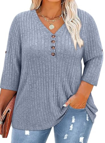 Koscacy Damen-Pullover, Übergröße, V-Ausschnitt, 3/4-Rollärmel, lässig, Strick-Top, einfarbig, Blusen, Hell, blau, 5XL