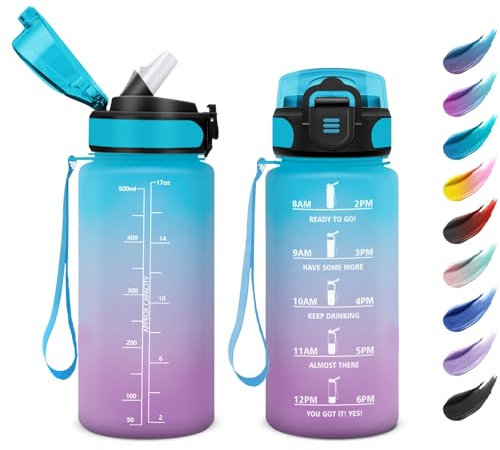 KollyKolla Borraccia Motivazionale 500ml, Facile Pulizia, Borraccia Palestra con Indicazione del Tempo, Bottiglia con Cannuccia, Bottiglia per Palestra, Corsa, Yoga, Ufficio, Scuola, Viaggio