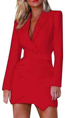 Generisch 2025 - Mujer Abierta Frente Sexy Elegante Chaquetas de Traje Formal Vestido de Trabajo Oficina Abrigo de Negocios con Cinturón Largo Negro Largo Blazer Largo, rojo, L
