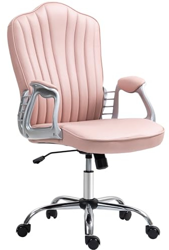 HOMCOM Silla de Oficina Silla de Escritorio Giratoria con Altura Ajustable Reposabrazos Respaldo Curvado Función de Basculante Rosa