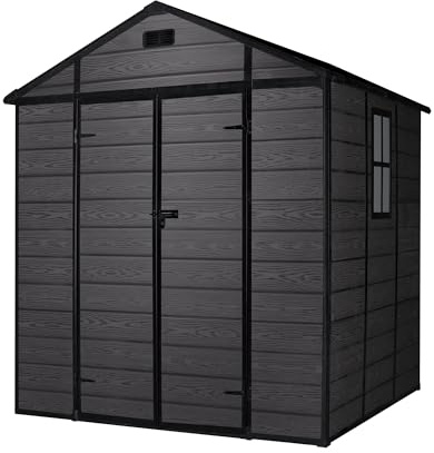 Wasabi - Caseta de Resina Jardín Aqua 4,6m2 - Suelo Incluido - Ventana Lateral - Doble Puerta abatible - Acabado Madera en Color Negro – Paneles 12mm de Espesor - Cobertizo PVC Almacenaje Exterior