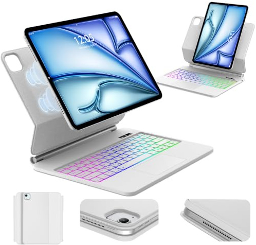 FOGARI Magic Keyboard Hülle für iPad Air 13 Zoll 2026/2025/2024 (M4/M3/M2) | Magic Keyboard für iPad Pro 12.9 6. / 5. / 4. / 3. Gen mit Trackpad, 7 Farben Beleuchtungm und Magnetischer Ständer, Weiß
