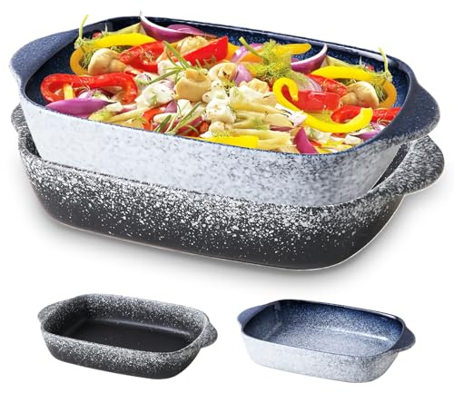 9-Inch Ceramic Baking Dish Set 2-Piece Set Includes Black and Blue Wide Pasta Baking Dishes Ideal for Lasagna, Casseroles, Baked Rice, and Oven Baking Oven-Safe Baking Dish with Handles