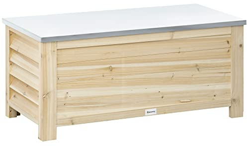 Outsunny 155L Outdoor Storage Box with Metal Top and Shutter Walls, Wooden Outside Tool organiser Container, for Garden, terrace