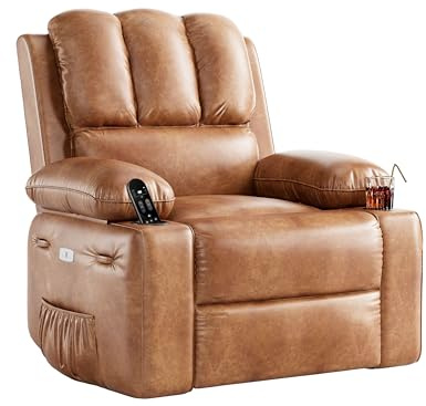 GarveeHome Recliner Chair, 360° Swivel Rocker Recliners with Heat & Massage, Soft Lazy Boy Recliner Chair with 2 Cup Holders and Side Pocket for Living Room Bedrooms and Nurseries (Coffee, Regular)