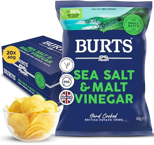 Burts Sea Salt and Malt Vinegar Hand Cooked Potato Chips – 20 x 40g Box of Crisps – Vegan & Vegetarian Friendly, Hydrogenated Fat Free Salt and Vinegar Crisps Multipack | Crunchy snack with distinct seasoning and a practical pack format.
