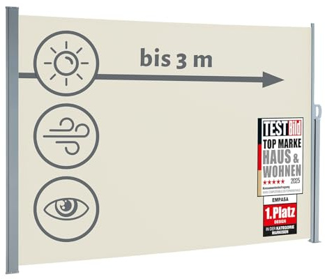 empasa Seitenmarkise Start 2.0 Sichtschutz Sonnenschutz Windschutz Markise | ausziehbar für Garten, Balkon und Terrasse, mit Standfuß, Farbe:cremeweiß, Größe:160 x 300 cm