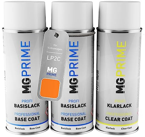 MG PRIME Autolack Sprühdosen Set für Volkswagen VW LP2C / P2C / E3 Leuchtorange/Flare Orange Grundlack Basislack Klarlack Spraydose 400ml