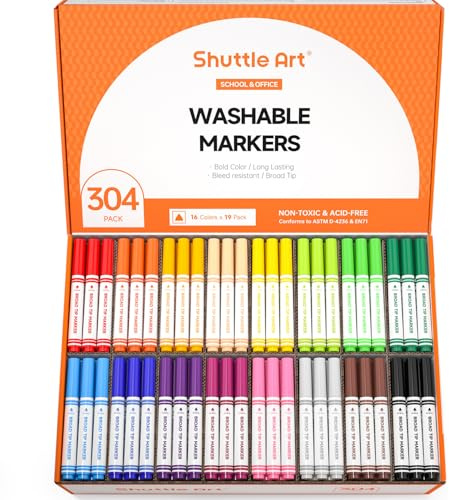 Shuttle Art Filzstifte auswaschbar, 304 Stück Filzstifte in 16 Farben, Großpackung, dickes Filzstift Set, Fasermaler