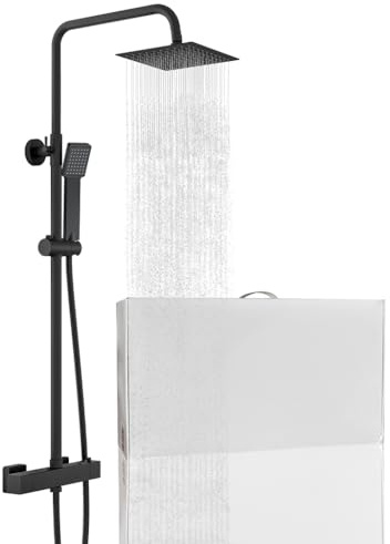 AICA Colonna Doccia con Miscelatore Termostatico, Soffione Quadrato 20x20cm, Doccetta Quadrata, Altezza Regolabile 72-120cm Nero