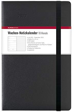 Wochen Notizkalender 18 Monate groß Black 2022 - Taschen-Kalender 13x21 cm - mit Verschlussband & Falttasche - Juli 2021 bis Dez 2022 - Weekly - 128 Seiten