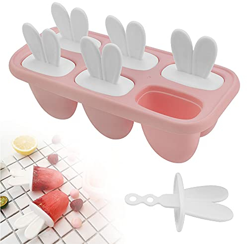 LYTIVAGEN Cartoon Ice Lolly Moulds BPA-Free Ice Lolly Maker Bunny Ice Cream Mould DIY Popsicle Mold Reusable Ice Pop Maker with Sticks for Toddlers Children Adults Homemade Popsicle (6 Grids, Pink)