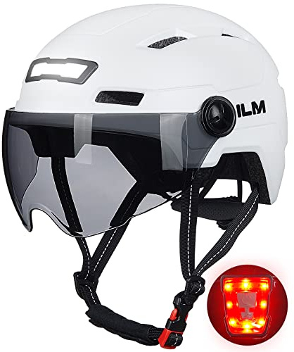 ILM Fahrradhelm mit Visier und LED Licht Mountain&Road Fahrradhelme für Damen und Herren Fahrradhelm für Pendeln in der Stadt E3-10L,Weiß L-XL