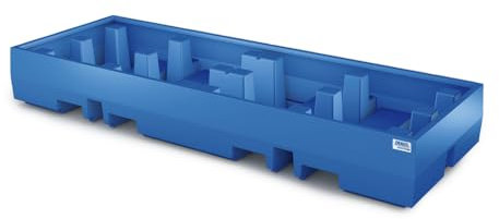 Denios Auffangwanne aus Kunststoff | ohne Gitterrost | blau | BxHxT 2520 x 350 x 900 mm | Volumen 520 Liter | 4 Fässer | Arbeitssicherheit Notfall-Umweltschutz-Produkte säurefest