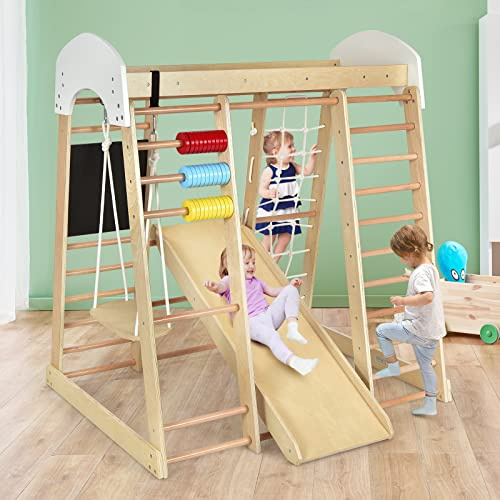 COSTWAY Set Arrampicata 8 in 1 per Bambini, Rocce da Arrampicata e Scala, con Scivolo Rete da Arrampicata, Barra Orizzontale, Centro attività di Legno per Bambini 3 Anni + (Stile 1 Naturale)