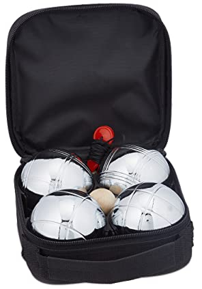 Relaxdays Boule, 4 Metall Kugeln, Set mit Zielkugel & Abstandsmesser, Tragetasche, Boccia Spiel, Silber/schwarz
