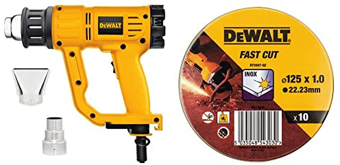 DEWALT D26414-QS Pistola termica 2000w & DT3507-QZ Latta con 10 Dischi da Taglio ad Alte Prestazioni per Acciaio Inossidabile, 125 x 1 x 22.23mm