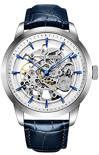 Pagani Design 2023 Herren Automatik Skelett, Automatik, Edelstahl Herrenuhr, Lederband, Zeigerserie, wasserdicht bis 100 Meter (Blaue Serie-1638)