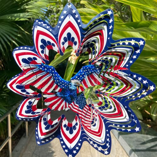 Eagle Wind Spinners for Yard and Garden,Wind Spinner Hanging,3D Metal Wind Catchers,12in American Flag Kinetic Spinner,Fourth of July Independence Day Party Decorations for Indoor Outdoor(Round)