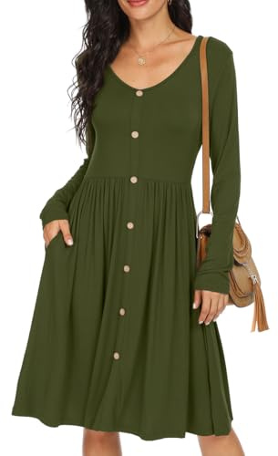 GRECERELLE Womens Long Sleeve Casual Plain Swing Dresses Button Down A-Line Midi Short T-Shirt Dress with Pockets