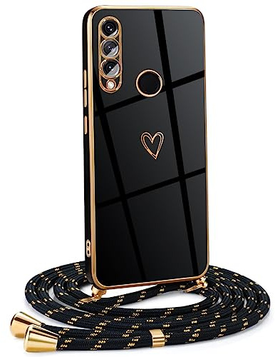Mkej Frauen Mädchen Handykette Kompatibel mit Huawei P30 Lite - Silikon Hülle mit Band - Handyhülle für Huawei P30 Lite Herz Love Design Galvanik - Hülle mit Kordel in schwarzes Gold