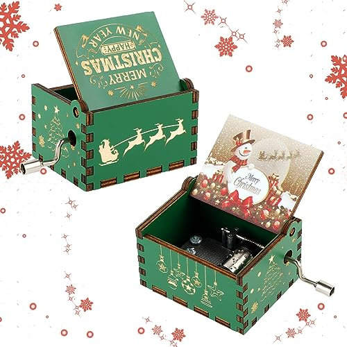 Amaxiu Caja de música de Navidad, caja de música de madera con manivela, mini cajas musicales grabadas vintage con temática navideña, decoraciones de Feliz Navidad, regalos para Año Nuevo (Merry