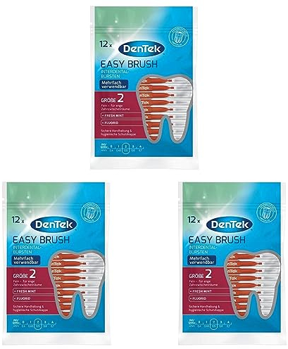 DenTek Stk. Dentek Easy Brush Interdental-Bürsten, ISO/Größe 2, fein - für enge Zahnzwischenräume, mit Minzgeschmack & hygienischer Schutzkappe Red 12 Stück (3er Pack)