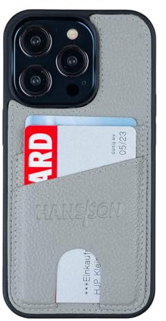 HANS/SON Étui en cuir avec deux emplacements pour cartes - iPhone 14 Pro - En cuir véritable - 6,1 pouces - Slim - Étui pour cartes de crédit - Anti-chocs - 2 en 1 - Étui pour téléphone portable