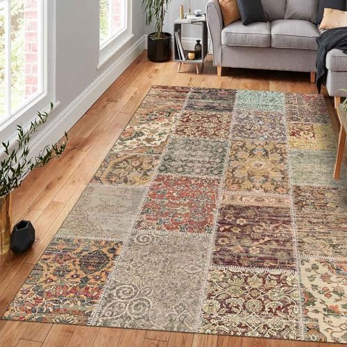 bamyum Nadine Bedruckter Teppich Chenille-Druck Maschinell Hergestellt 160 x 230 cm, Waschbarer Patchwork Vintage Teppich Schlafzimmer, Antibakteriell Antirutschunterlage Küchenteppich