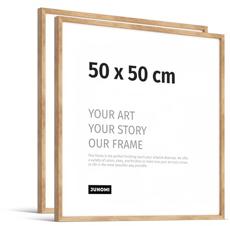 JUNOMI® Set de 2 marcos de fotos Premium de roble 50x50cm – Madera auténtica, cristal sintético inastillable, perfil estrecho, diseño minimalista, uso vertical u horizontal