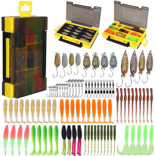 Leeko 96 Stück Angelzubehör Angelköder-Set Transparent Angeln Box mit Spinner Angeln Kit mit Gummifische Führungshaken Kunstköder Blinker Angel-Köder für Hecht Forelle Zander Barsch