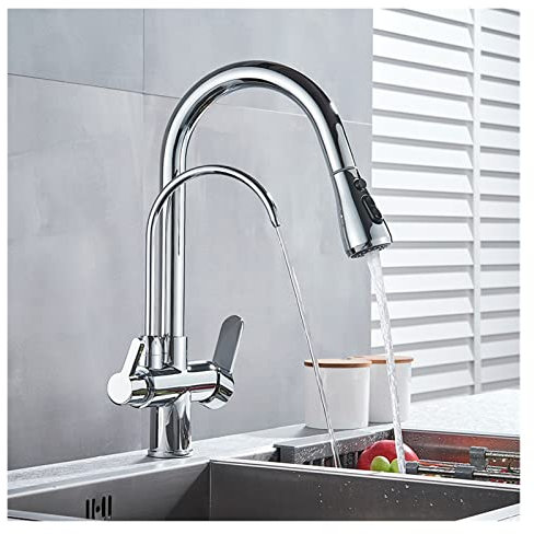 Küchenarmaturen, Wasserfilter-Wasserhahn, Küchenarmaturen, Doppelgriff-Filter-Wasserhahn-Mischer, 360-Grad-Drehung, Wasseraufbereitungsfunktion, Wasserhähne, herausziehbarer Wasserhahn (Farbe: Mattsch