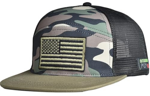 EDTREK Outdoorsman Pro 7-Panel Snapback Hut mit flacher Krempe, Woodlands Camo mit Olivgrün – Flaggenaufnäher, Einheitsgr��e