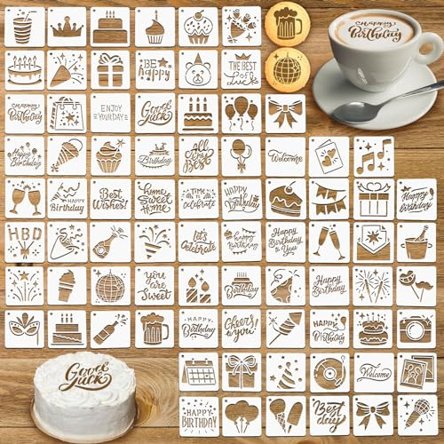 Dispowreath 80 Pcs Happy Birthday Cookie Stencils 3 Inch Reusable Drawing Painting Templates Birthday Cake Cookies Baking Paint Stencil for Kids Adults Paint on Wood Fabric Envelopes DIY Craft