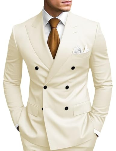 HANBANGWEI Zweireihiger Anzug für Herren, schmale Passform, zweireihig, Blazer, Hosen-Set, Hochzeit, Abschlussball, Heimkehr-Anzug, 2-teilig, Beige, L