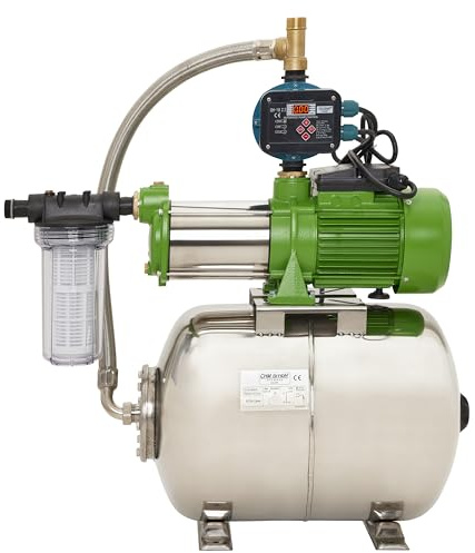 CHM GmbH® Hauswasserwerk Edelstahl 100 L, 6,5 Bar, 10.000 L/h, Gartenpumpe mit Membrankessel und einstellbare Pumpensteuerung mit Trockenlaufschutz LED Display
