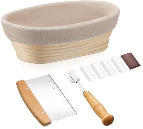 HaWare Bread Proofing Basket, 10inch Oval Natural Rattan Sourdough Proving Basket with Bread Lame, Dough Scraper, Linen Liner, 25x14x8cm, Healthy & Non-Toxic