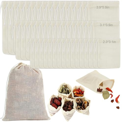 Qaestuan 45 Pezzo Sacchetti per Spezie Cottura, 3 Diverse Dimensioni Sacchetti Filtro Spezie, Sacchetti Filtro per Tè con Coulisse, Bustine per Spezie Riutilizzabile, per Tè Caffè Erbe Spezie