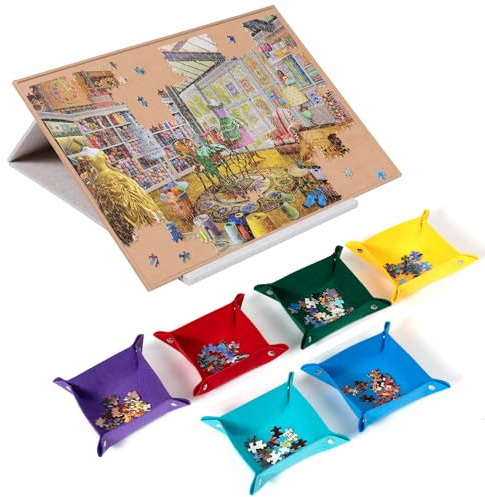 Lavievert Tavola puzzle inclinabile con supporto e copertura in feltro 2 in 1, con ripiano regolabile per puzzle con 6 vassoi di ordinamento, tavolo portatile con piano antiscivolo per un massimo di