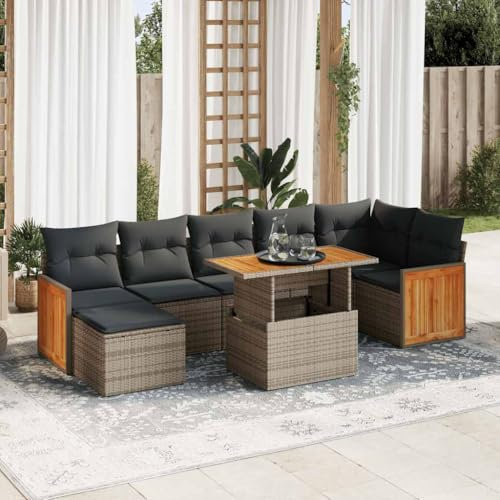 UJCHVHN Home Garden, 7-teiliges Gartensofa-Set mit Kissen, Polyrattan, Akazie, Grau