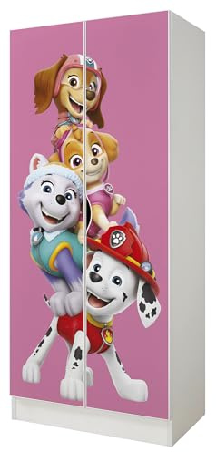 Leomark Weiß zweitüriger Kleiderschrank für Kinder - Roma - funktionaler Schwebetürenschrank, Dim: 70 x 42,5 x 161,5 (H) cm, Kommode, Schrank, Möbel für Kinder (UV-Druck: Paw Patrol 06)