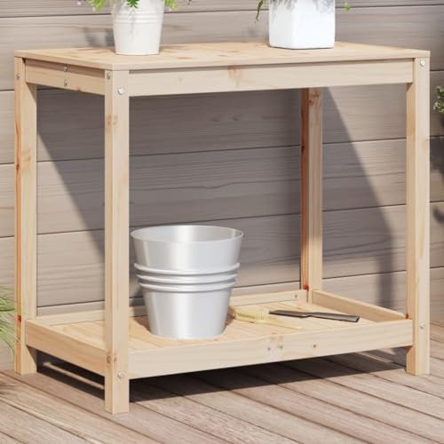 Cinyiqo 832397 Potting Table with Shelf 82.5x50x75 cm Solid Wood Pine Wooden Garden Potting Table with Drawer Flower Plant Work Bench Workstation Tool Storage Shelves Outdoor