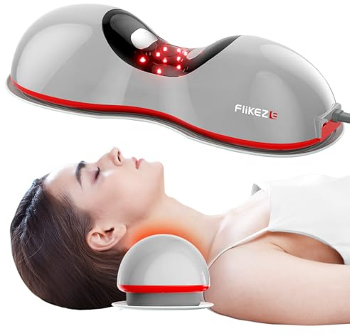 FliKEZE Heated Neck Stretcher with Red Light Therapy, Wireless Cervical Traction Device for TMJ Pain Relief and Shoulder Relaxer, Neck Traction Massager Pillow for Home/Office Used, Grey
