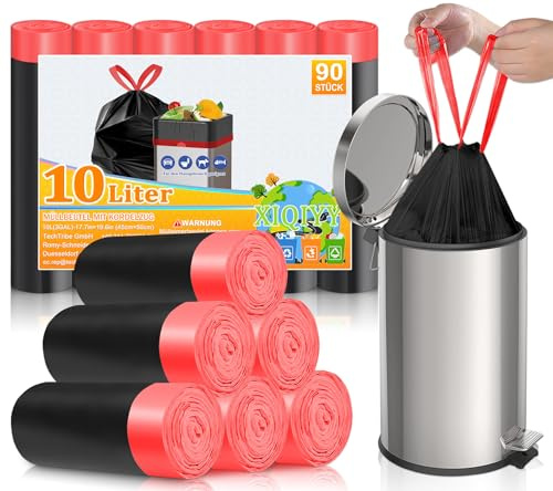 XIQIYY Small Black Bin Bags 10L Bin Liners with Drawstring, 90 Count