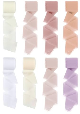 Remedare Presentband av chiffong, set om 8 (4 cm x 5 m) – elegant band för presentförpackning, bröllop, födelsedag och dekoration, mjukt tygband i 8 färger, perfekt för pyssel och hantverk (rosa)