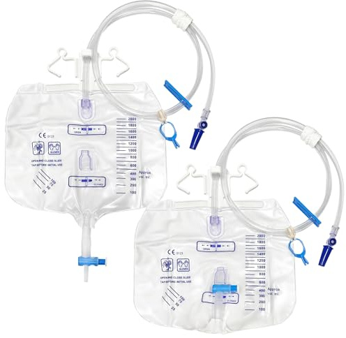 TZEKING 2 Pièces Sac De Drainage Urinaire,2000 ML Poches De Drainage Urine,Poche Urinaire avec Anti-Reflux,Drainage Urinaire Sac de Drainage D'urine de Sac avec Valve et Évacuation en T et Drain