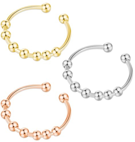 ZORVYN 3 Stück Anxiety Ring, Anti Stress Ring, Edelstahl Stressring mit Perlen