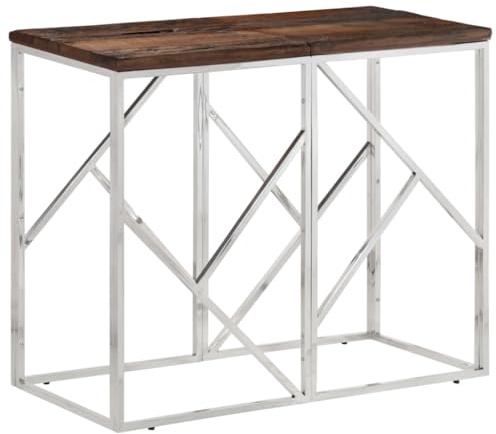 QZZCED Tavolo consolle con superficie in legno massiccio con binari ferroviari, struttura robusta in acciaio inox, design moderno e facile manutenzione per soggiorno o corridoio